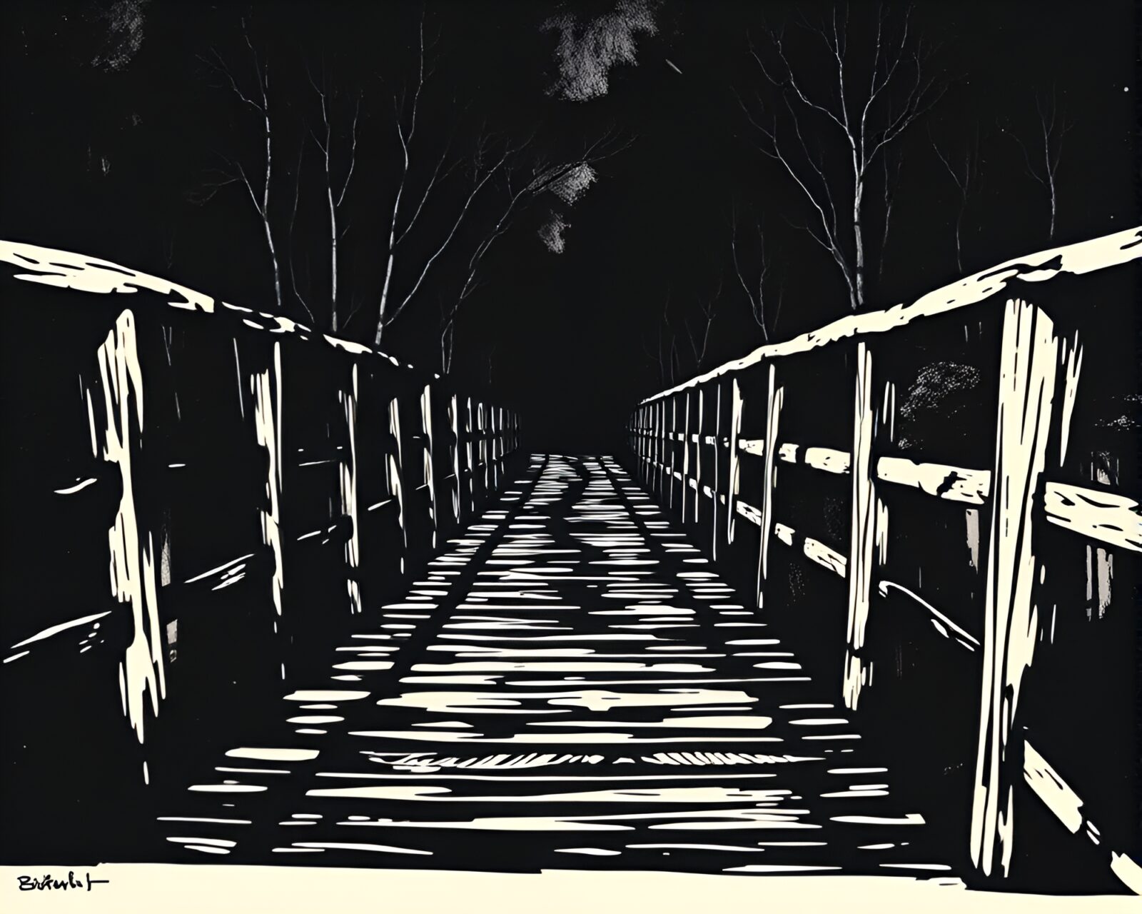 Abstract linocut print of wooden bridge with high contrast lighting