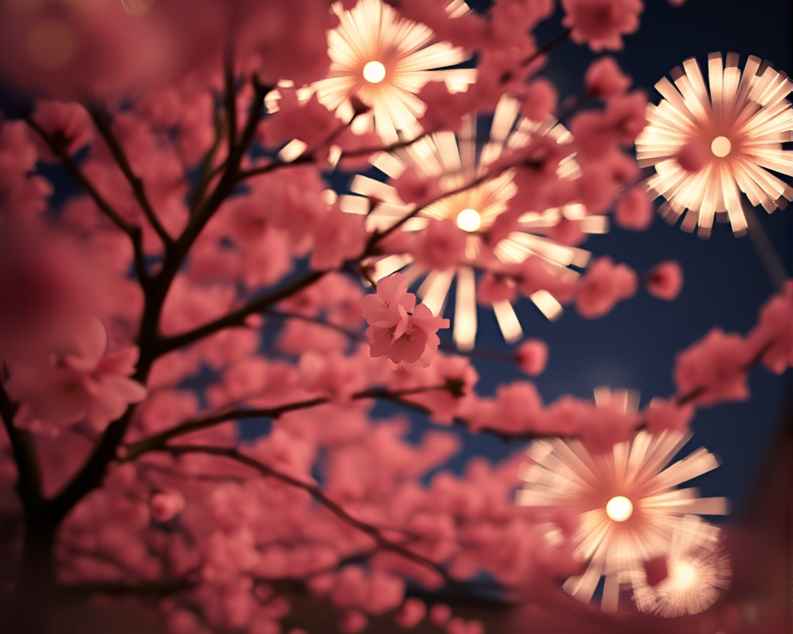 Vibrant fireworks exploding behind cherry blossom tree at night