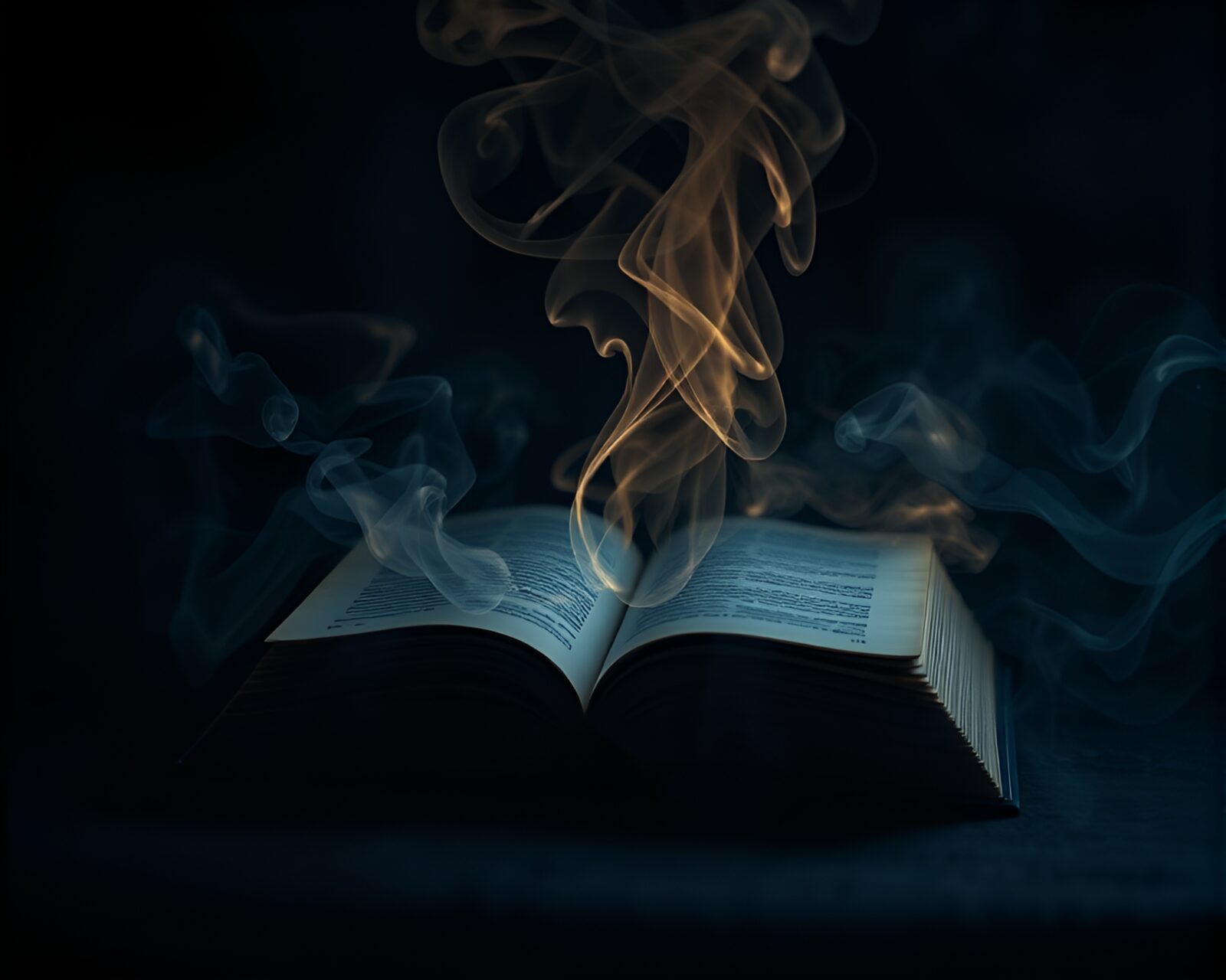 Magical tome with swirling smoke rings in colorful light