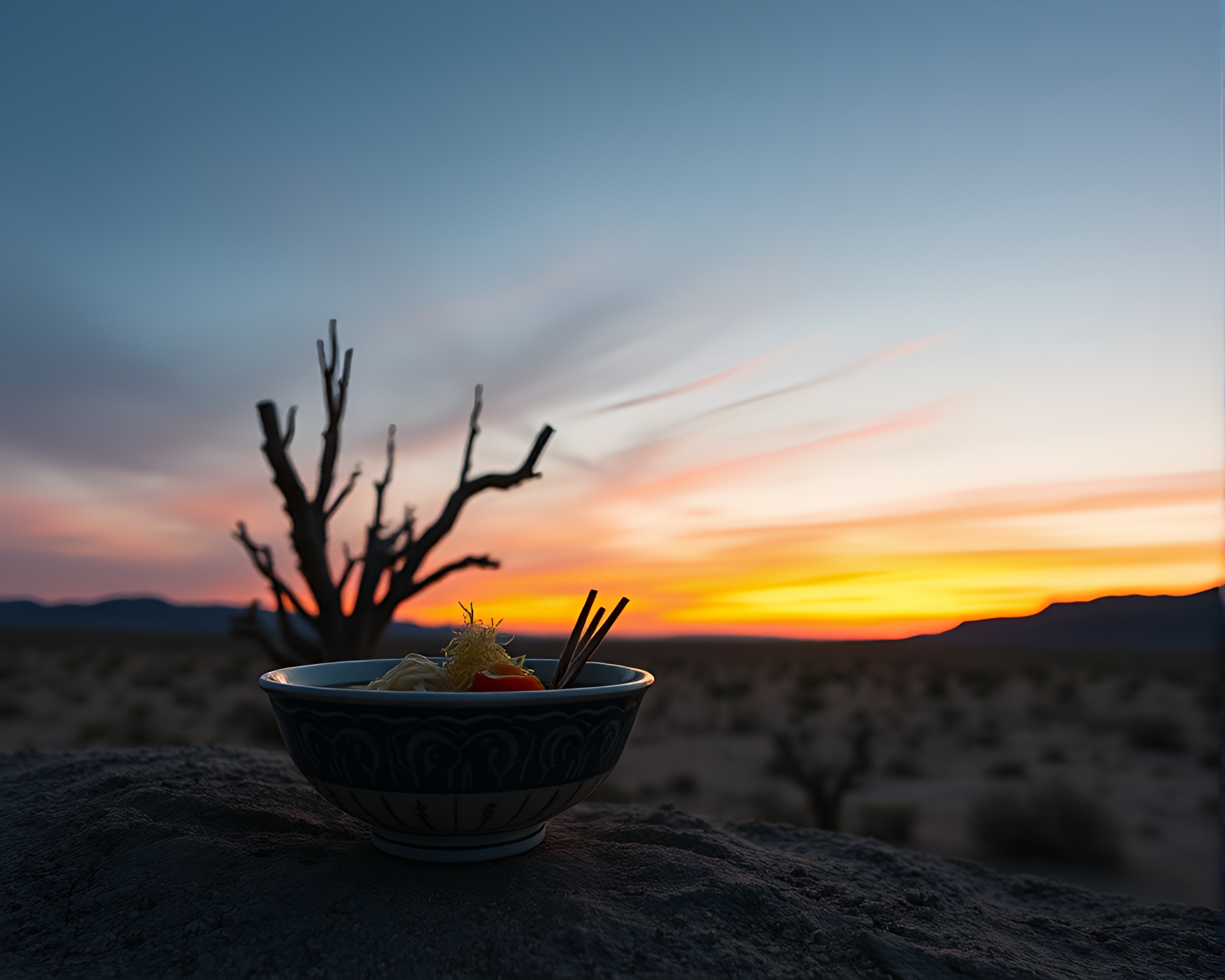 Off-Center Ramen Bowl at Desert Sunset – free AI stock image