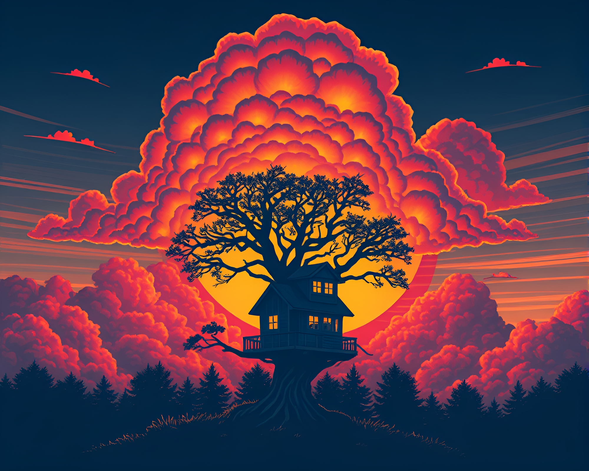 Sunset Treehouse with Cloud Formations in ASCII Art – free AI stock image