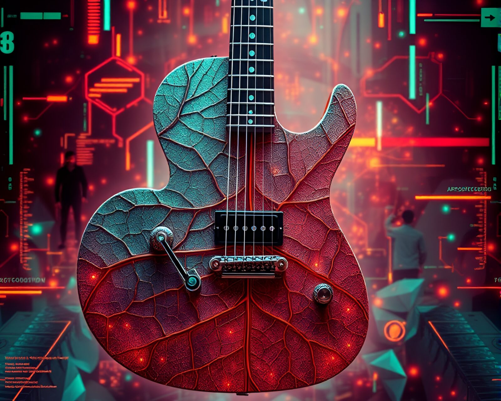 Intricate leaf vein patterns on guitar with vibrant HUD colors