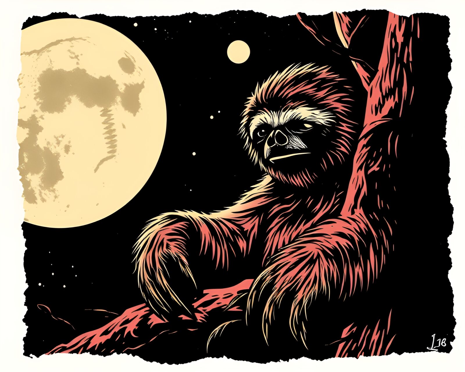 Retro-scanline retro sloth artwork with ripped borders