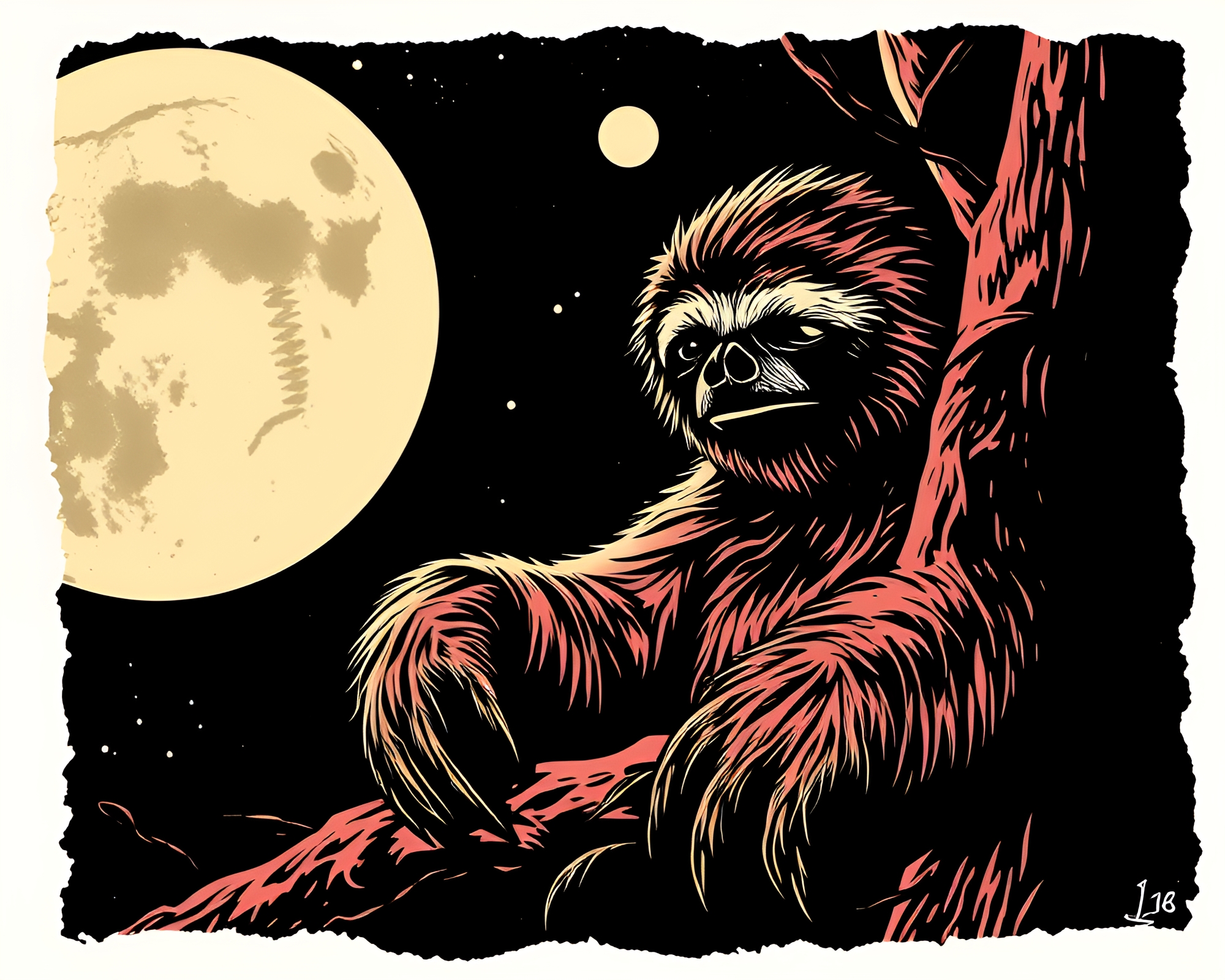 Vintage Sloth in Stencil Art with Torn Edges – free AI stock image