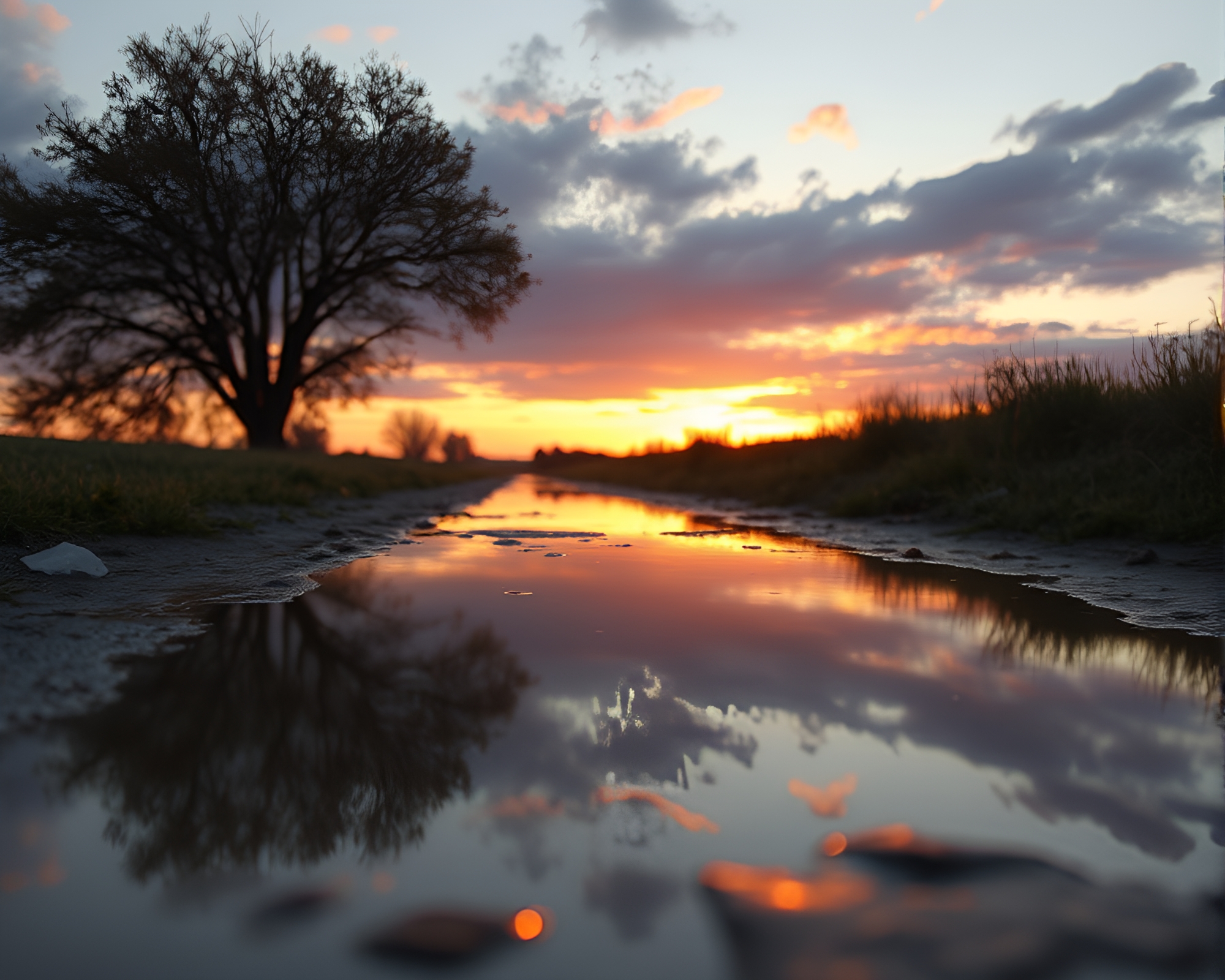 Twilight Apple Cider Reflection in Procedural Puddle – free AI stock image
