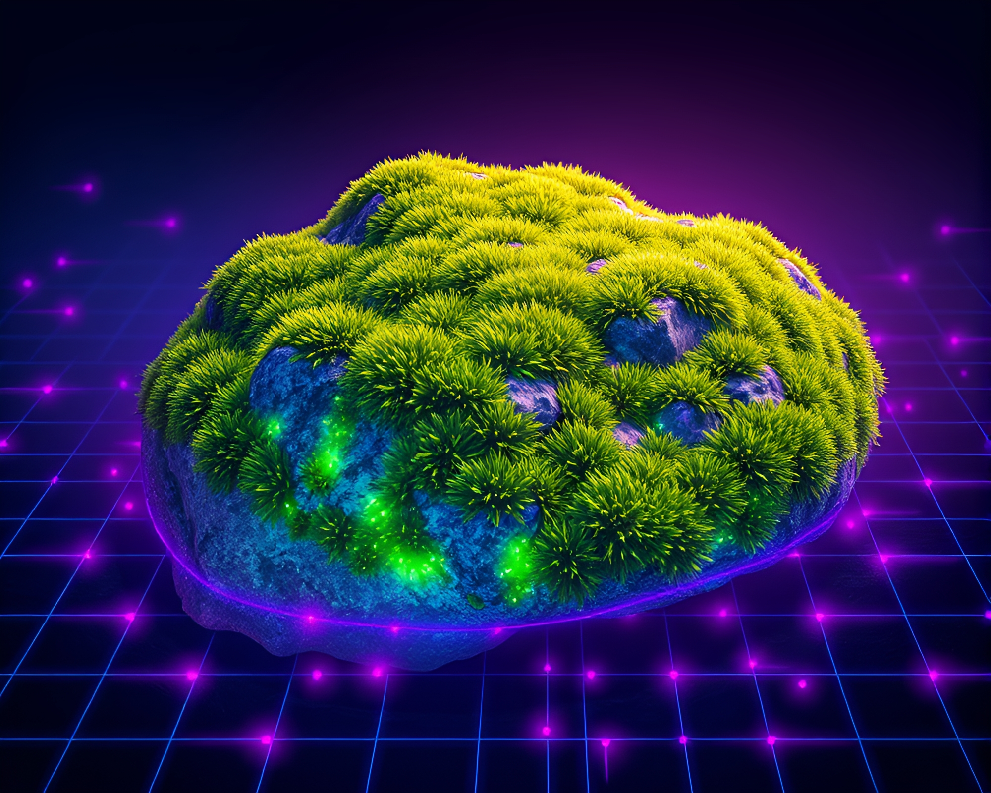 Moss-Covered Rock in Neon LED Pixel Matrix – free AI stock image