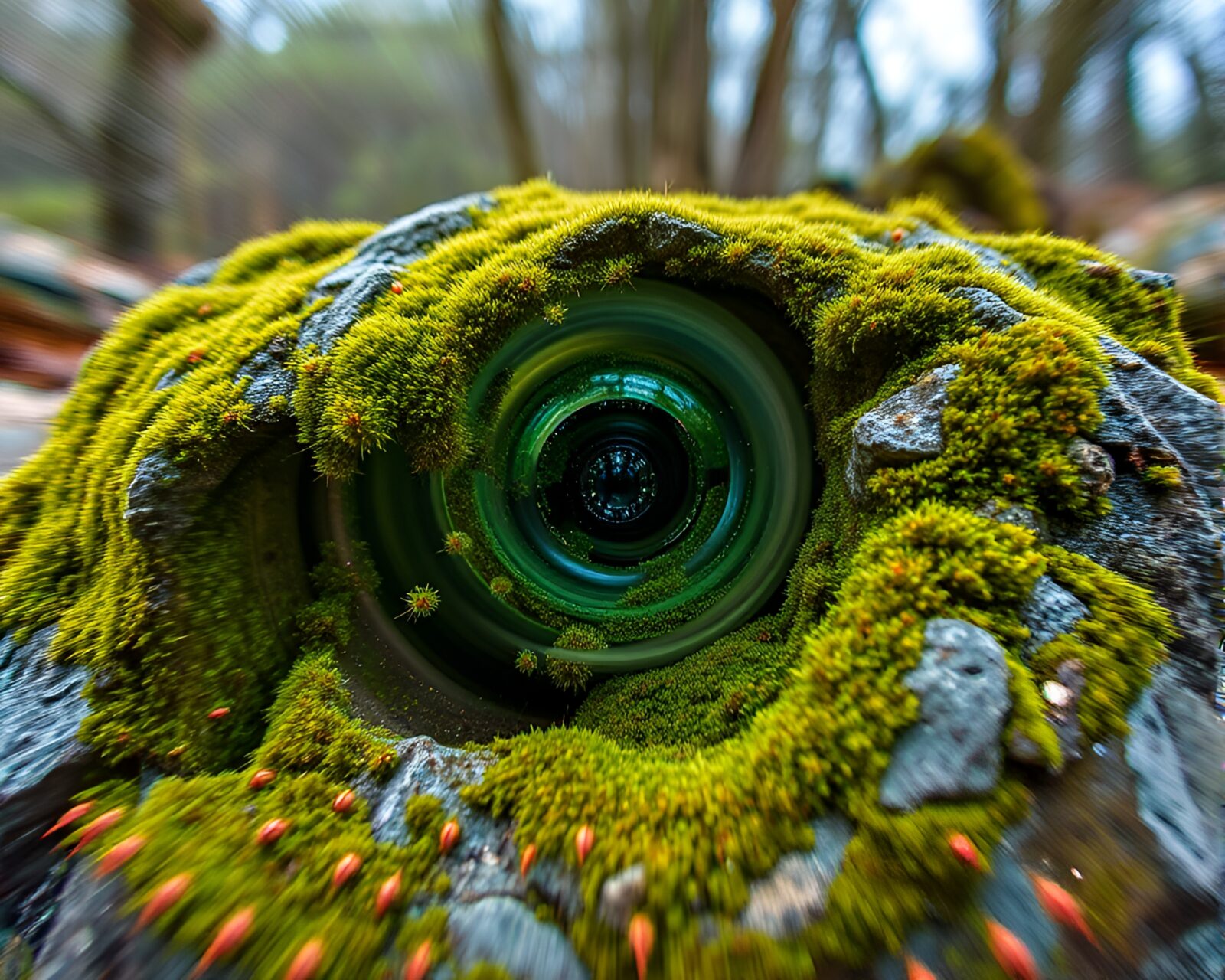 HDR photo of mossy rock with lens swirl effect