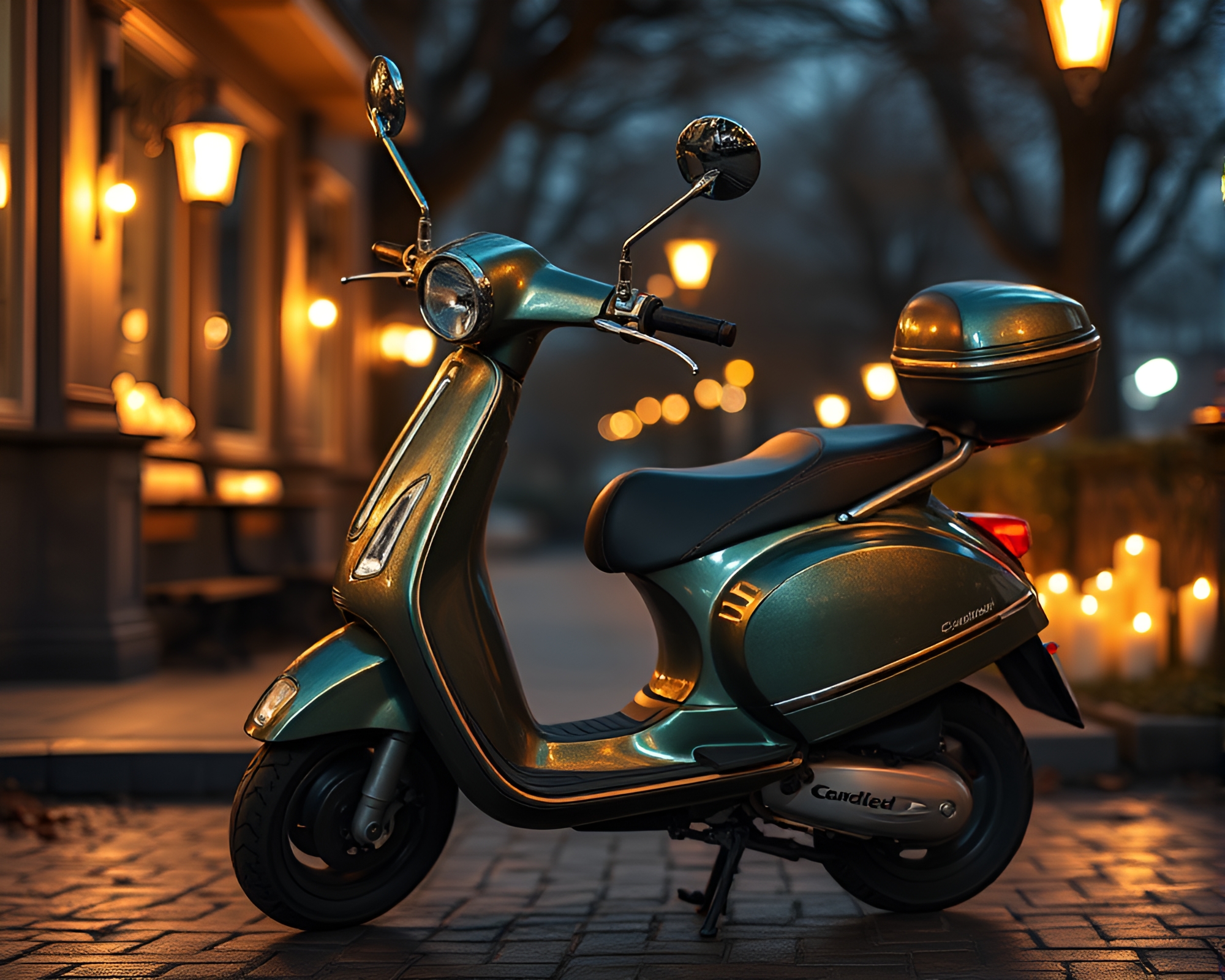 Copper Verdigris Electric Scooter in Candlelit Tenebrism – free AI stock image