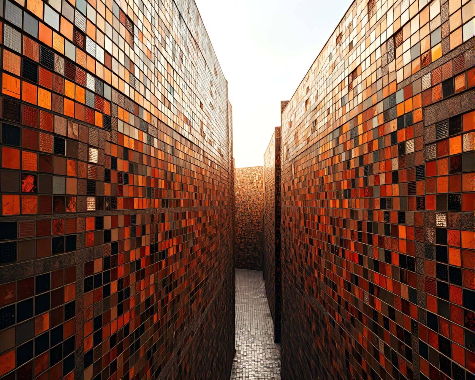 Rust-toned tiled mosaic mirroring dystopian labyrinth