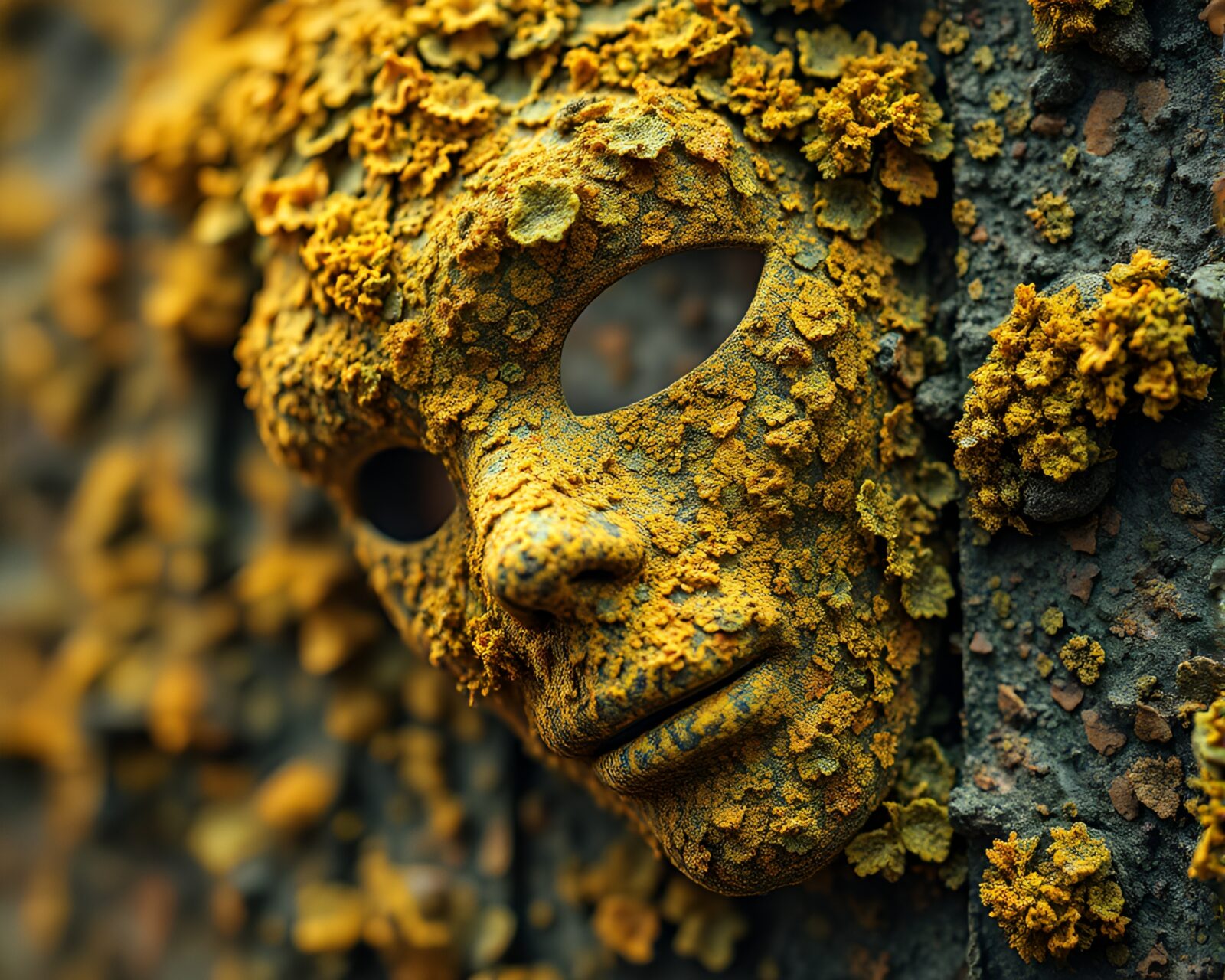Fantastical Venetian mask covered in vibrant lichen textures