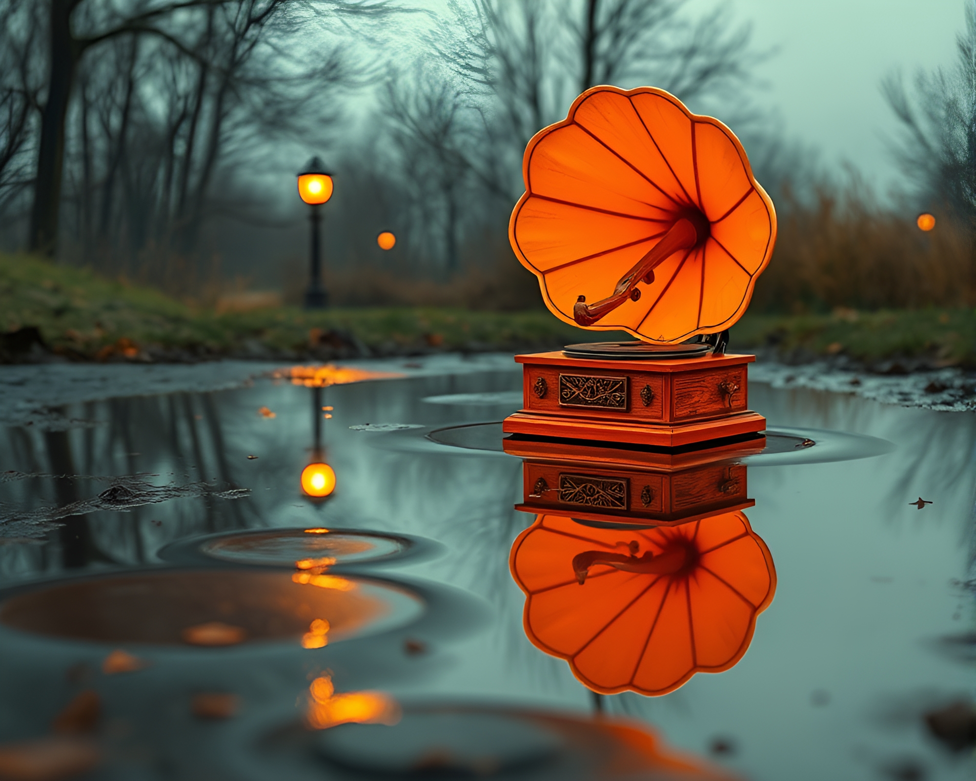 Steampunk Gramophone Reflected in Puddle with Burnt Orange Glow – free AI stock image