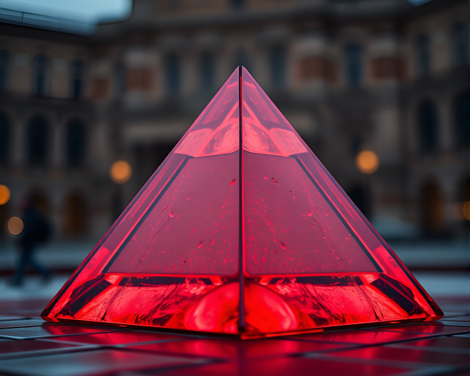 Glass Pyramid in Brick Red Depths – free AI stock image
