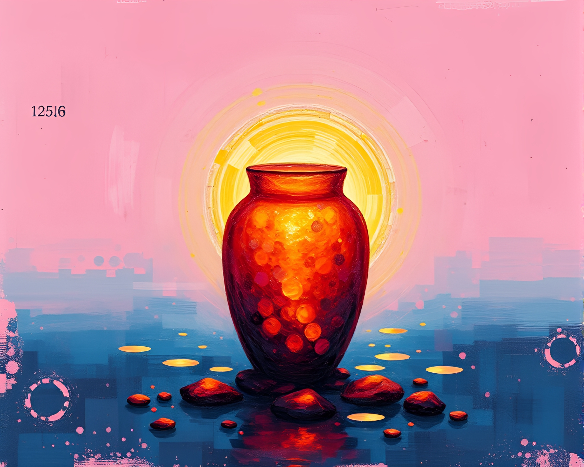 Sunrise Vase with Floating Embers Artwork – free AI stock image