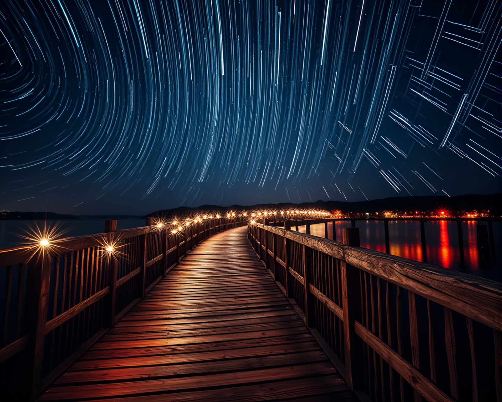Night sky with glowing star trails above rustic bridge