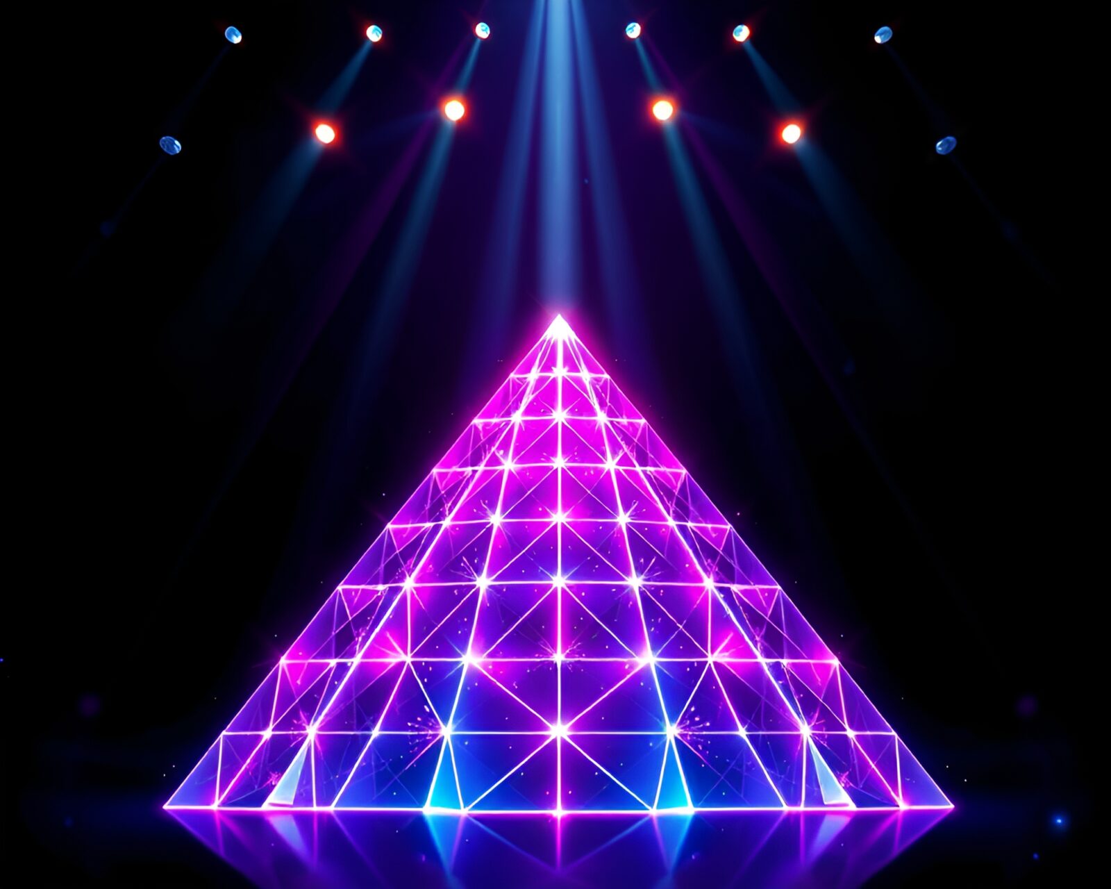 Neon strobe lights illuminate a vector halftone glass pyramid