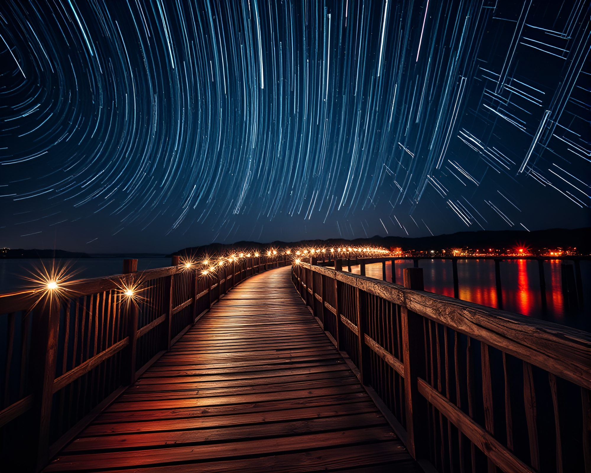 Star Trails Over Grunge Wooden Bridge – free AI stock image