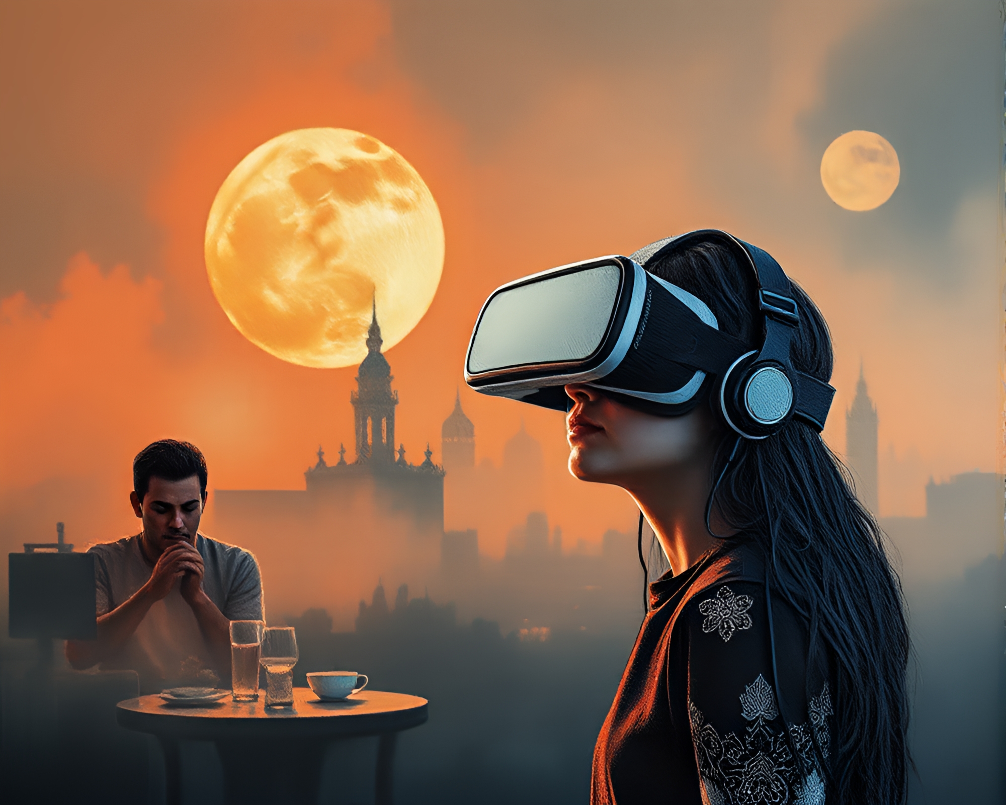 Virtual Reality Hub Embroidered in Smoky Palette Knife Painting – free AI stock image