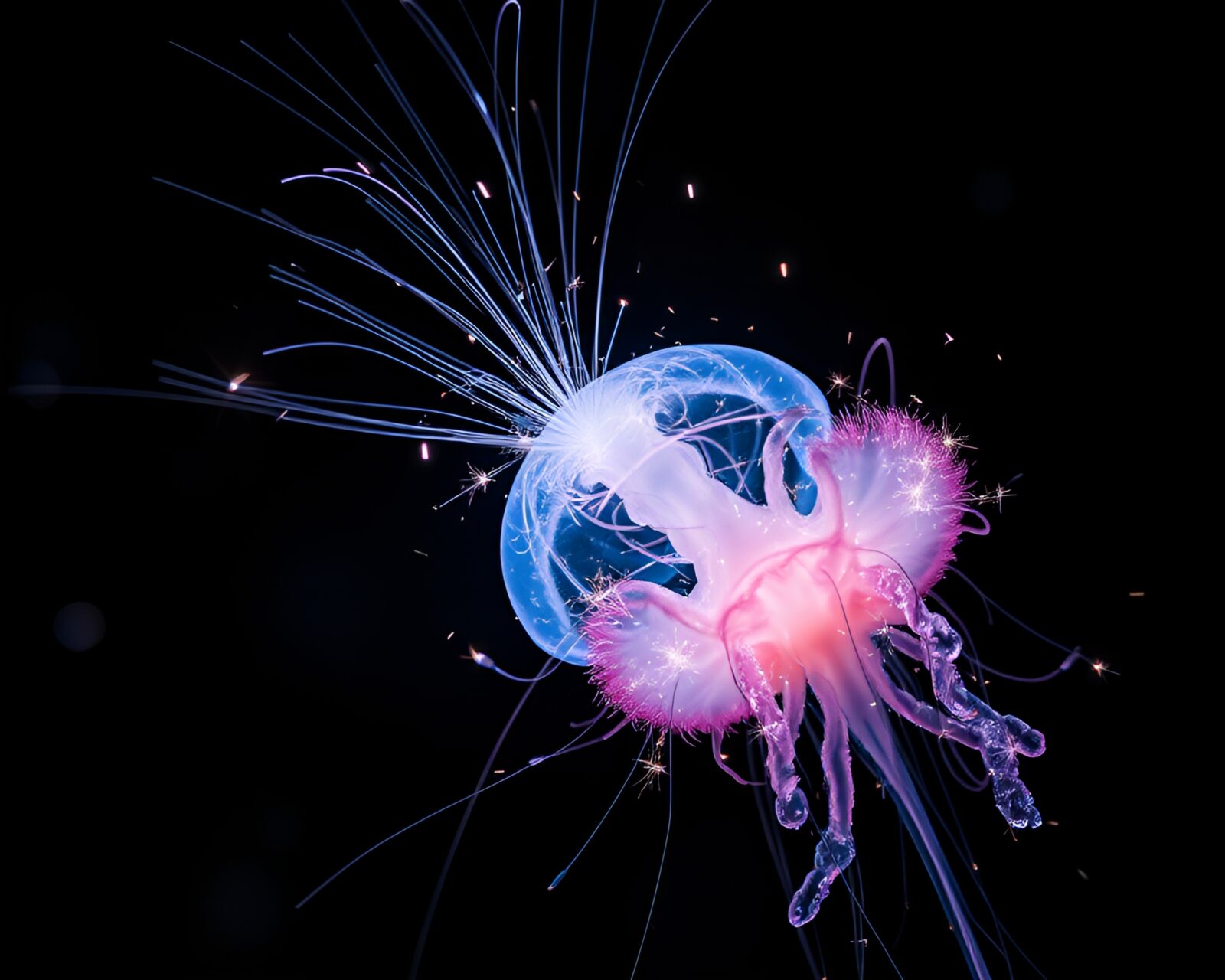 Vibrant jellyfish amidst bright sparkler trails under heavenly light beams