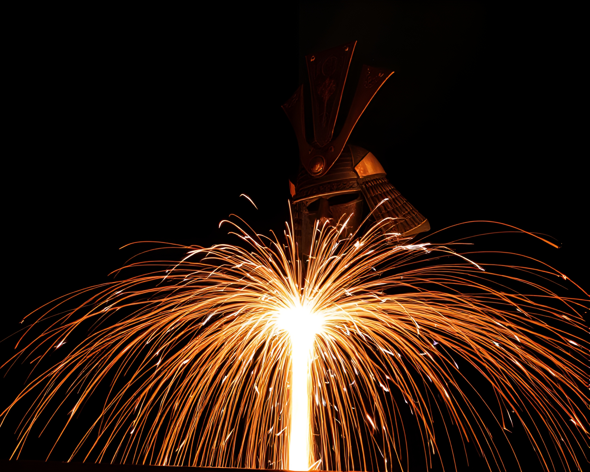 Samurai Helmet with Kinetic Sparkler Trails – free AI stock image