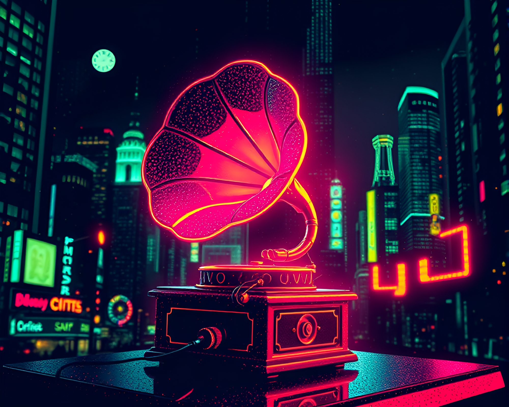 Steampunk Gramophone in Neon City Glow – free AI stock image