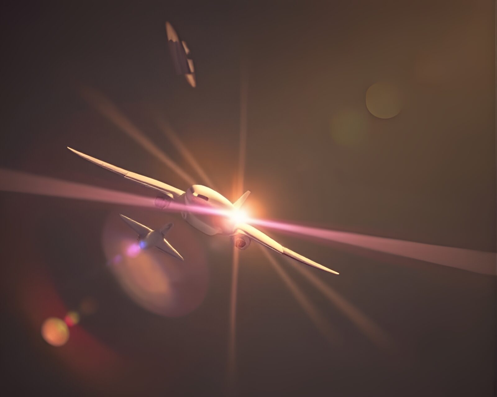 Ethereal airplane dissected with golden lens flare lighting