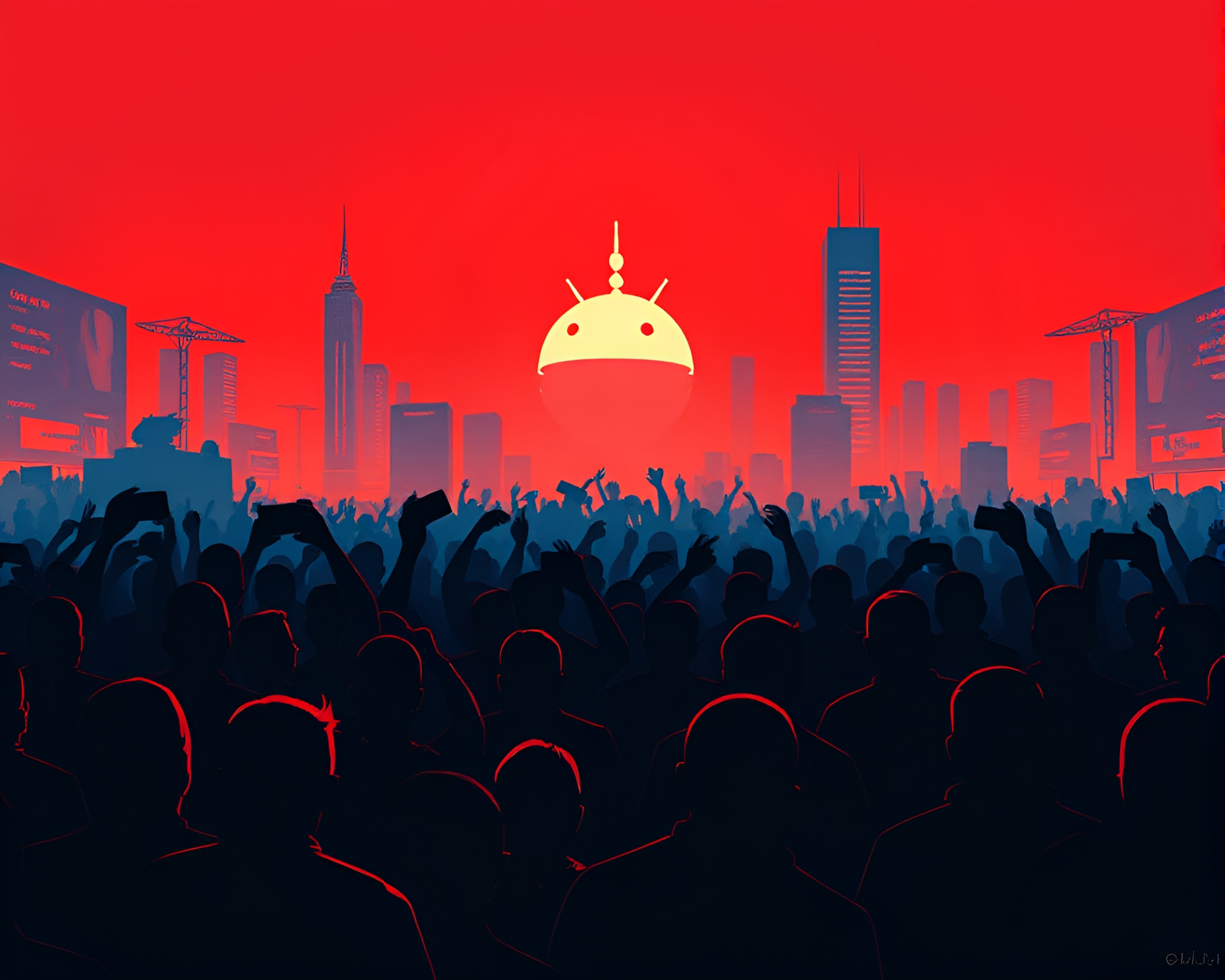 Silhouetted Android Crowd in Duotone Linocut Print – free AI stock image