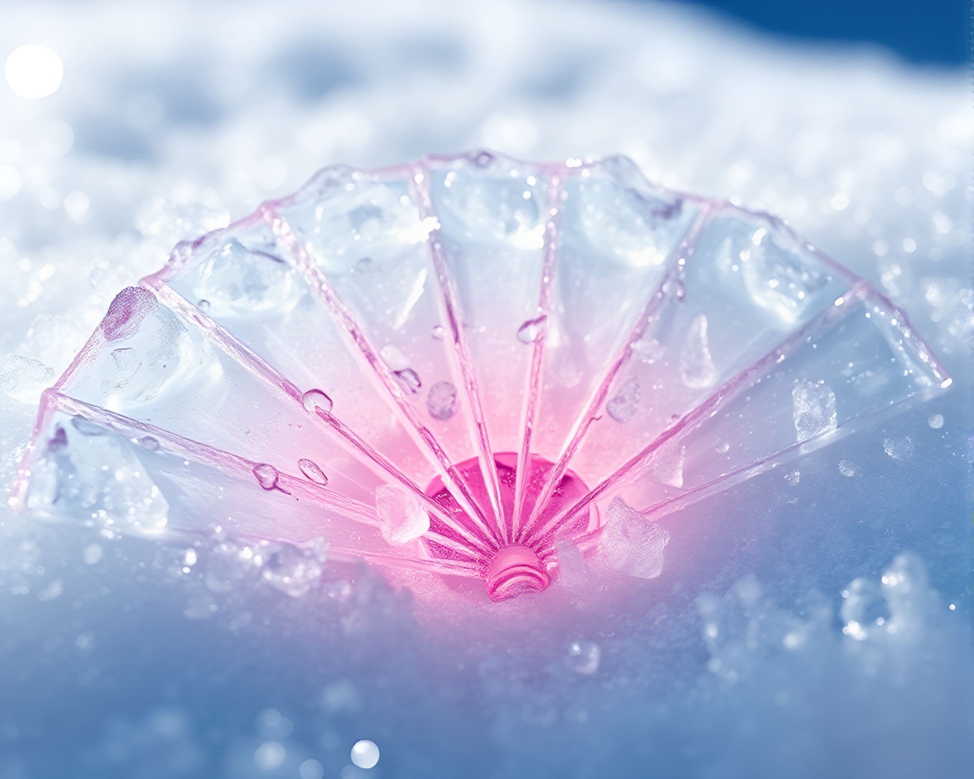 Iridescent ice crystals on hand-painted fan – free AI stock image