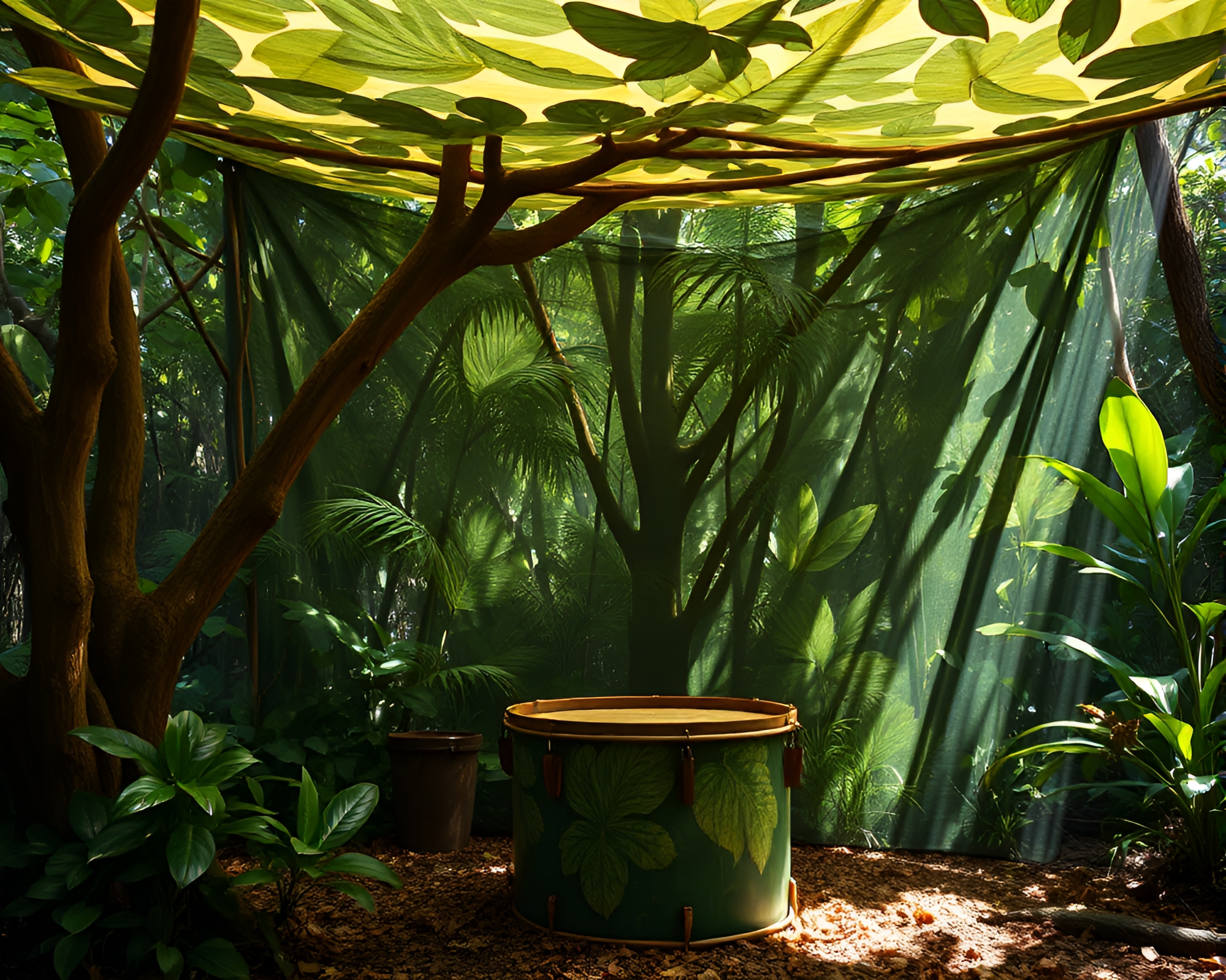Drumbeat in Jungle Canopy: Leaf Litter Melody – free AI stock image