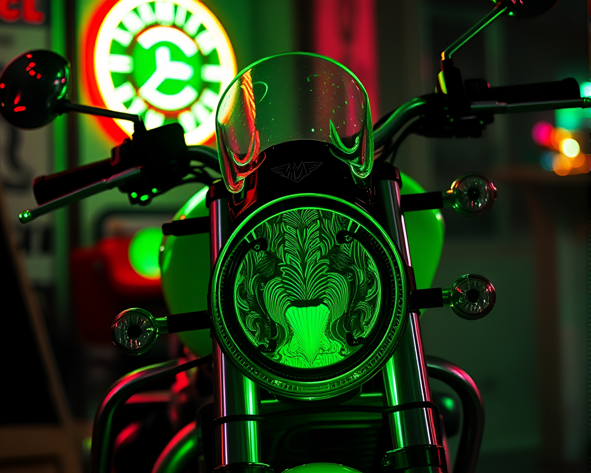 Glowing Neon Motorcycle in Engraved Forest Details – free AI stock image