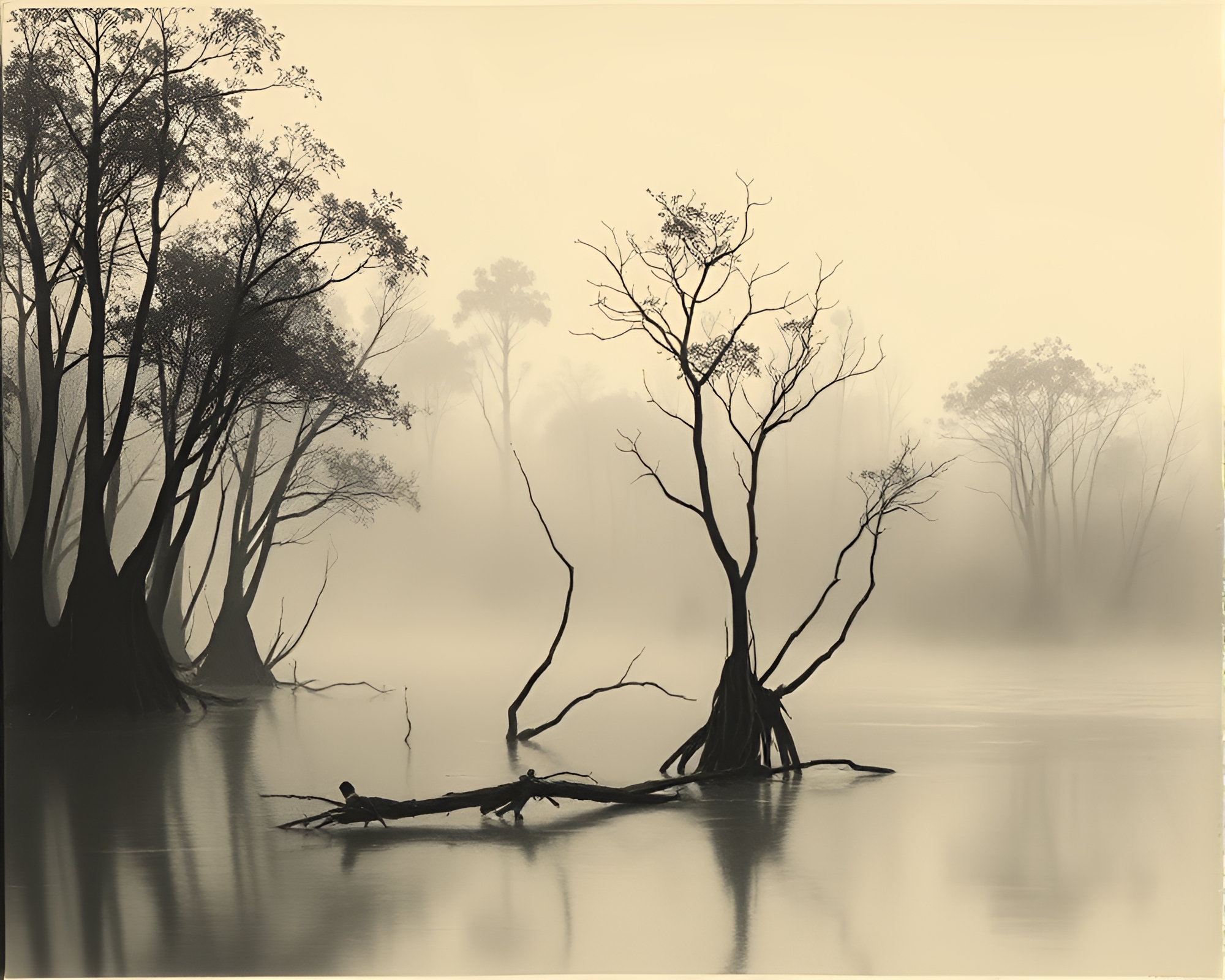 Misty Mangrove Woodblock Print in Monochrome – free AI stock image