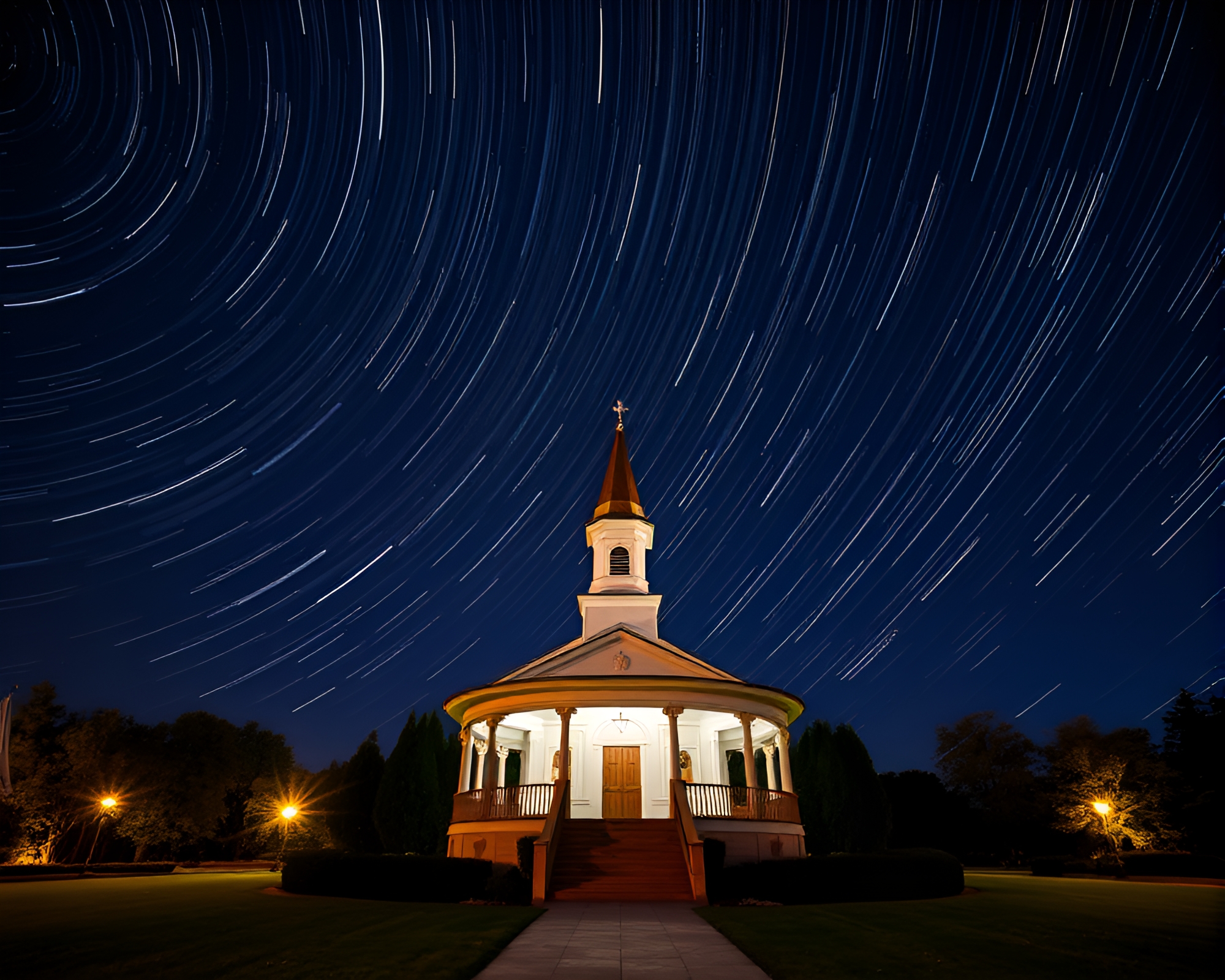 Floating Pavilion under Star Trails with Church Candlelight – free AI stock image