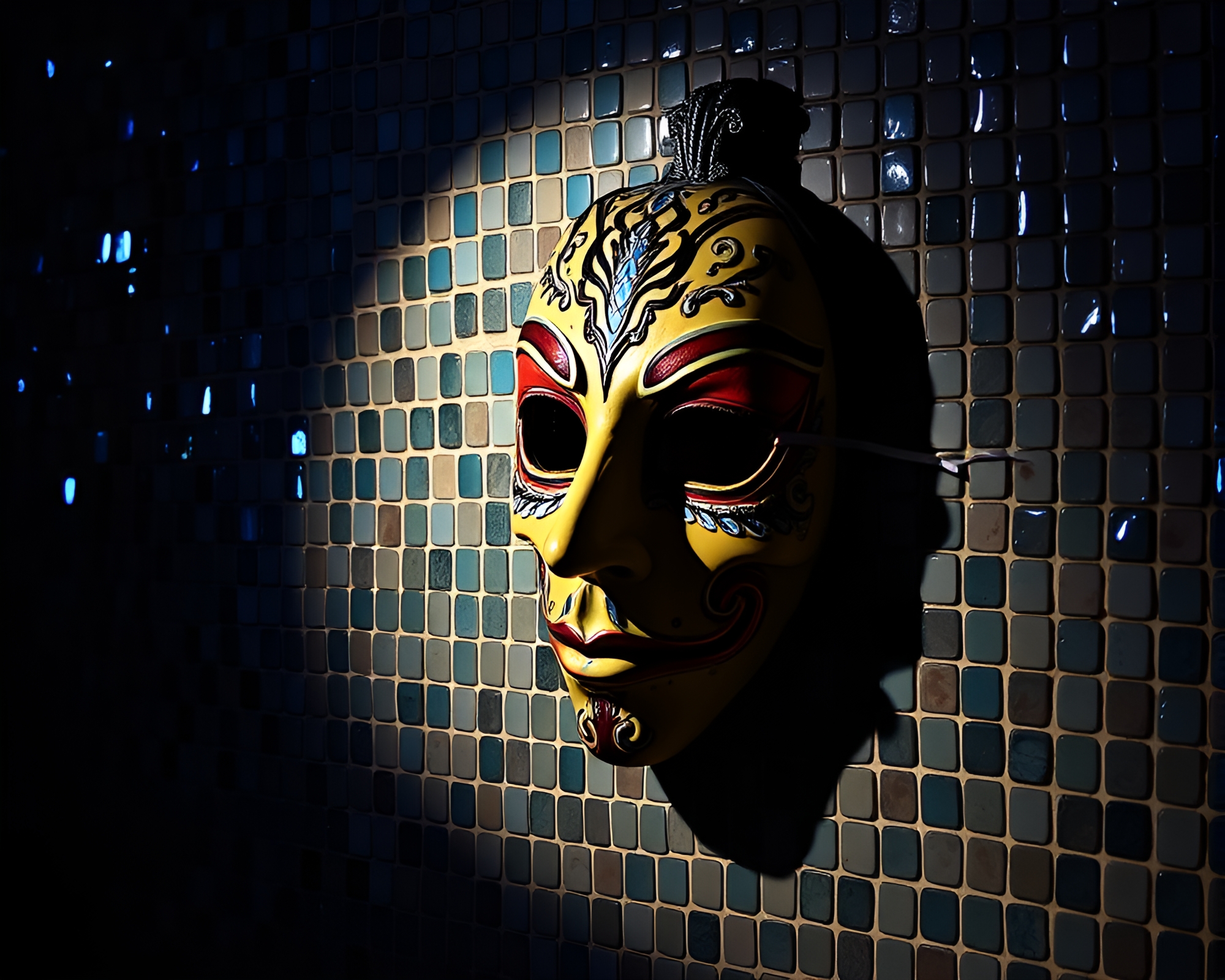 Venetian Mask Tiled Mosaic Shadowed in Blue Hour Light – free AI stock image