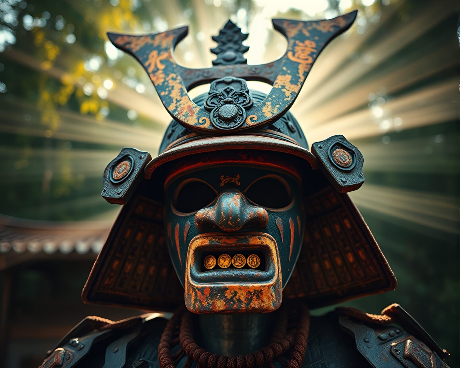 Wide-angle photo of Samurai helmet covered in rust patina