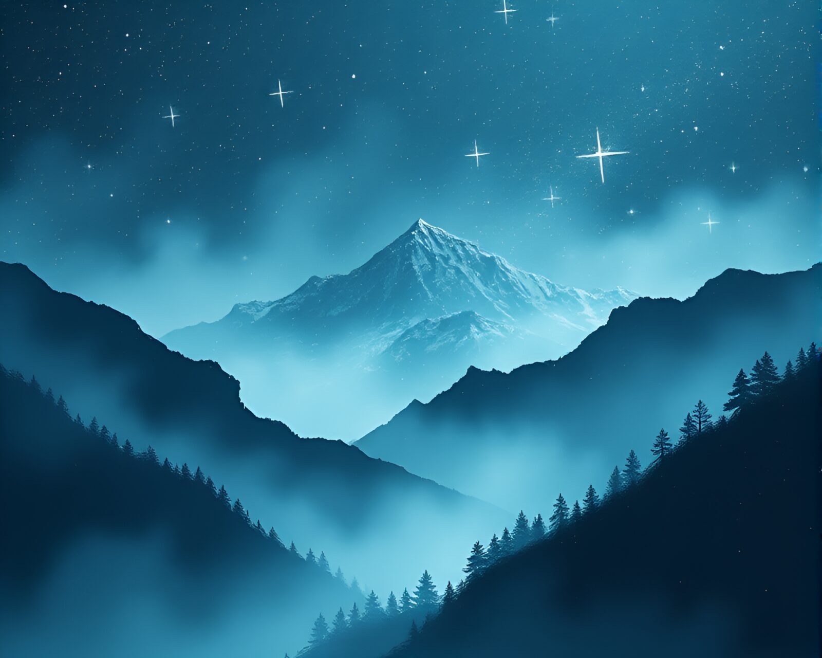 LED pixel grid mountain scene with stardust shimmer