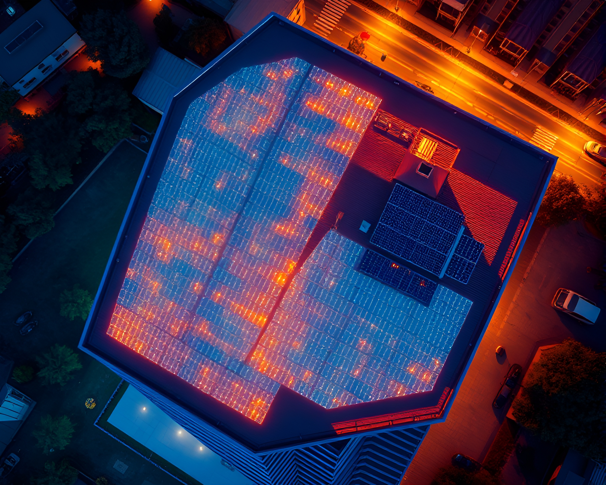 Thermal Opera House Solar Panels Aerial View – free AI stock image