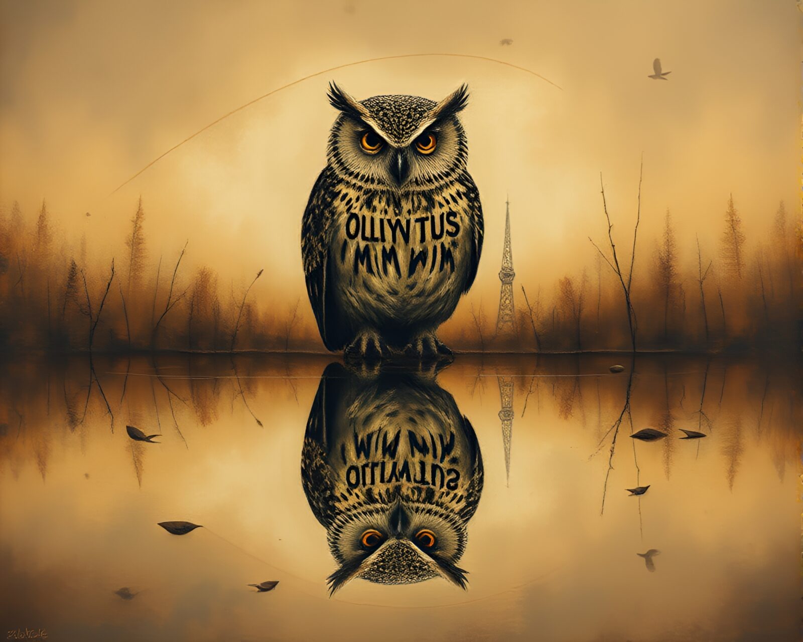 Surreal clockwork owl reflecting in sepia-hued water surface