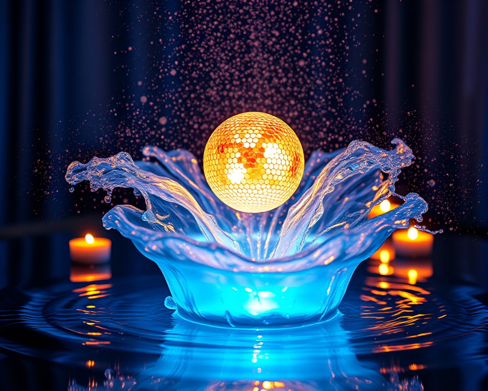 High-tech scene of a bio-printer making a water vortex under disco lights