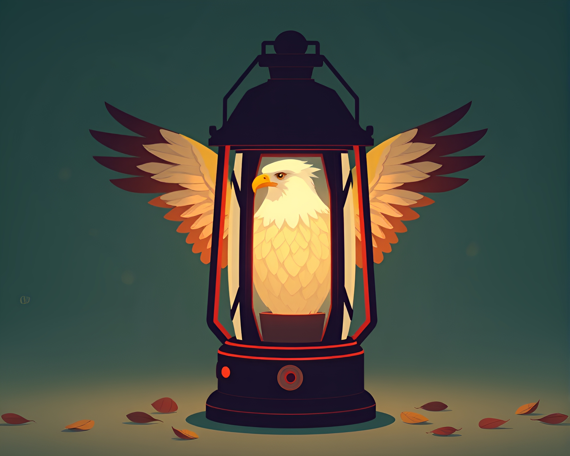 Eagle soaring through lantern-lit forest – free AI stock image