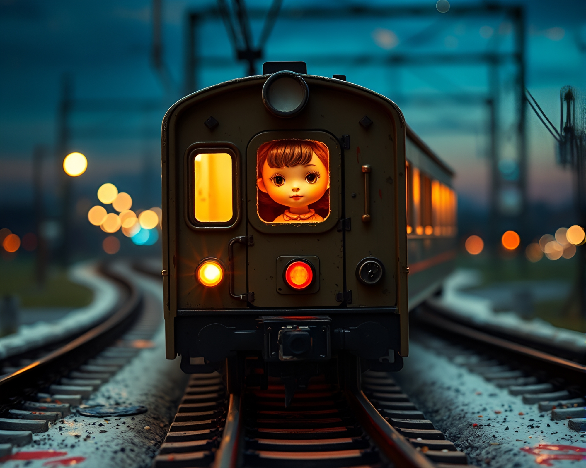 Utopian Train Light Trails Through Paint Splatter Porcelain Doll World – free AI stock image