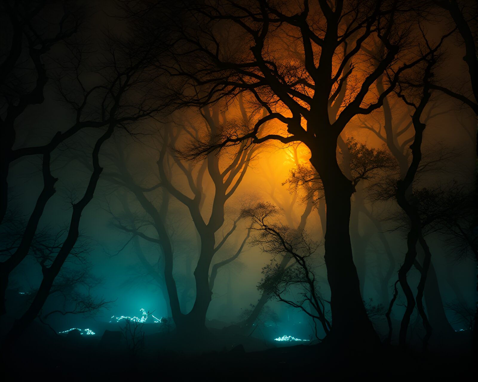 Silhouetted trees glowing in mystical bioluminescent forest