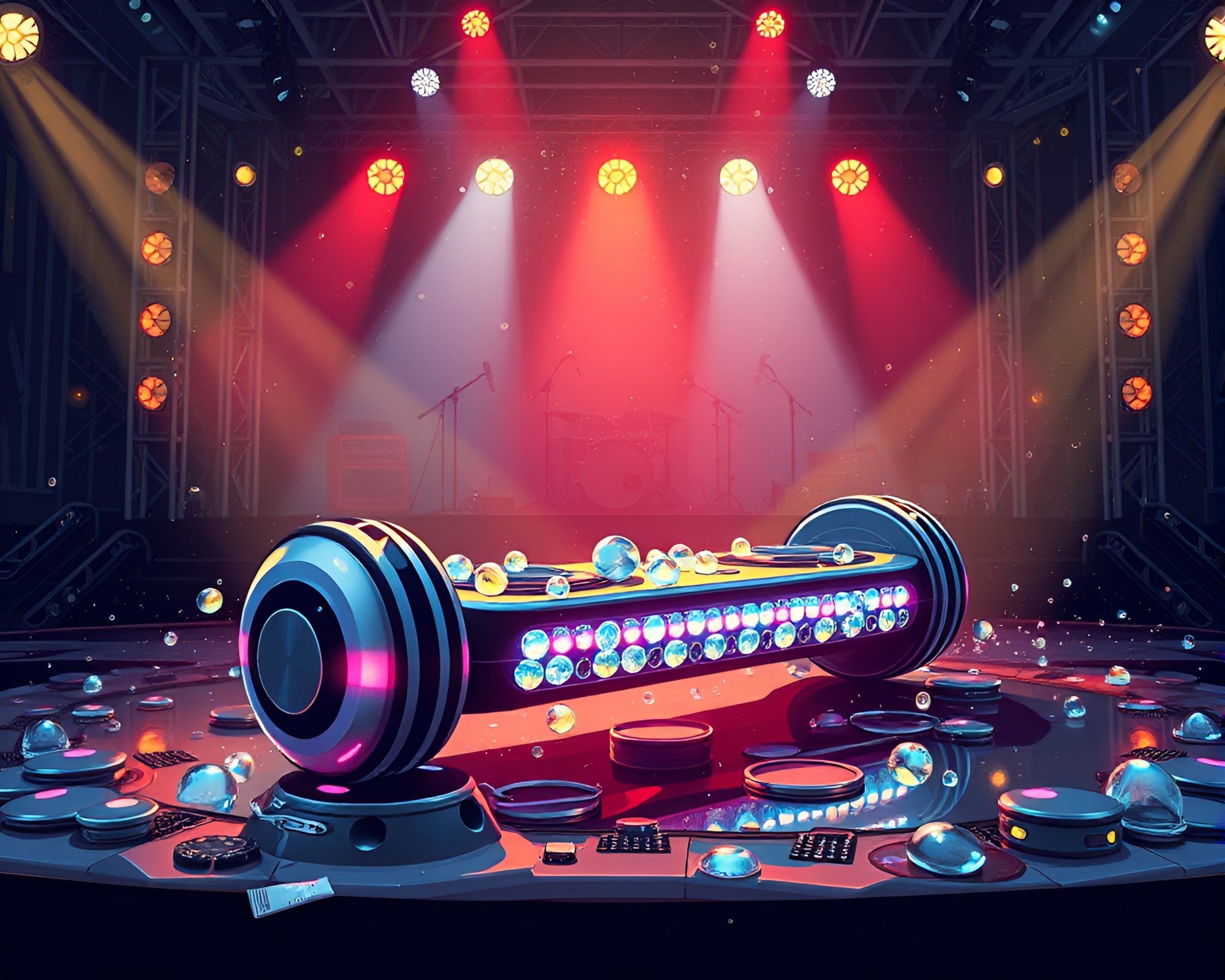 Steampunk Hoverboard Concert Stage Illuminated Glass Beads – free AI stock image