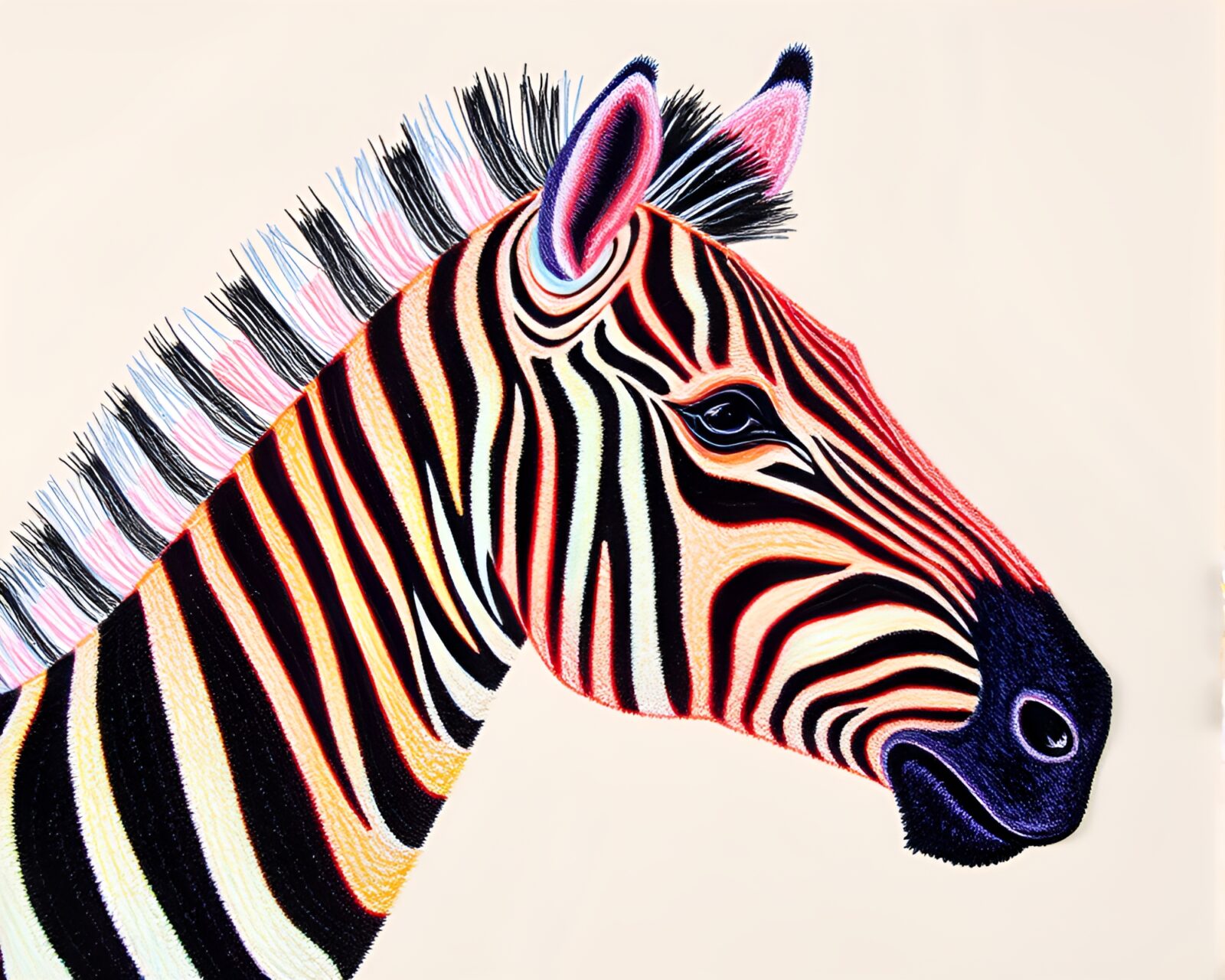 Glowing zebra detailed with intricate embroidered patterns in artful crayon