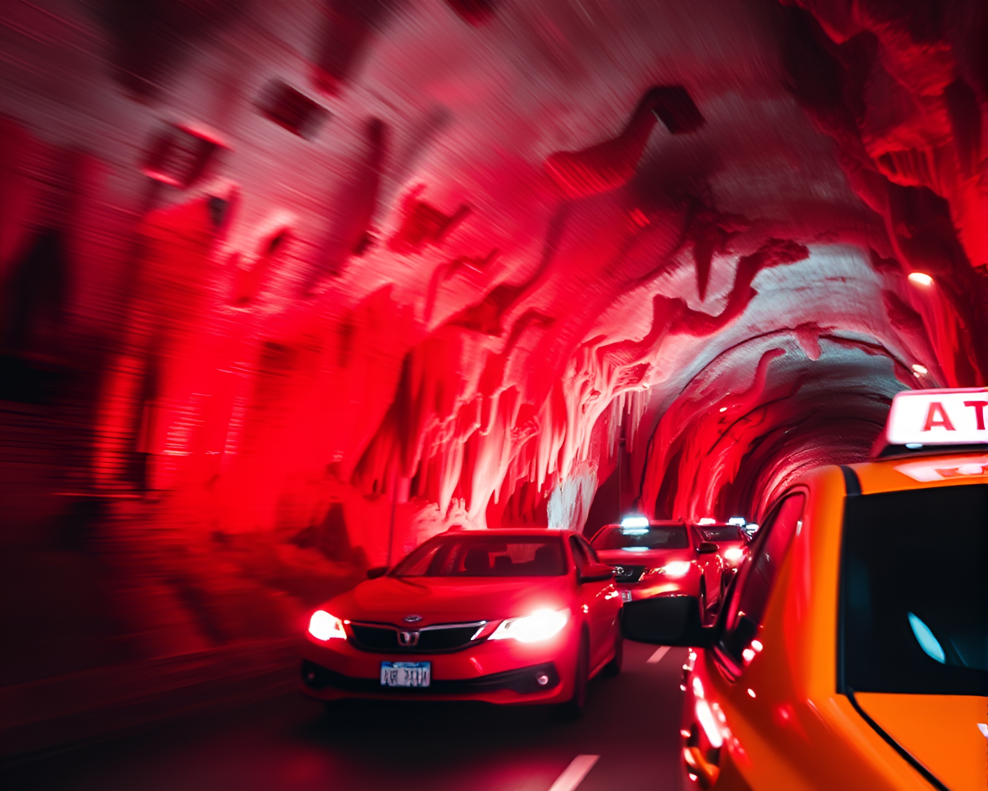 Taxi Blur Streak Through Ruby Cave Stalactites – free AI stock image