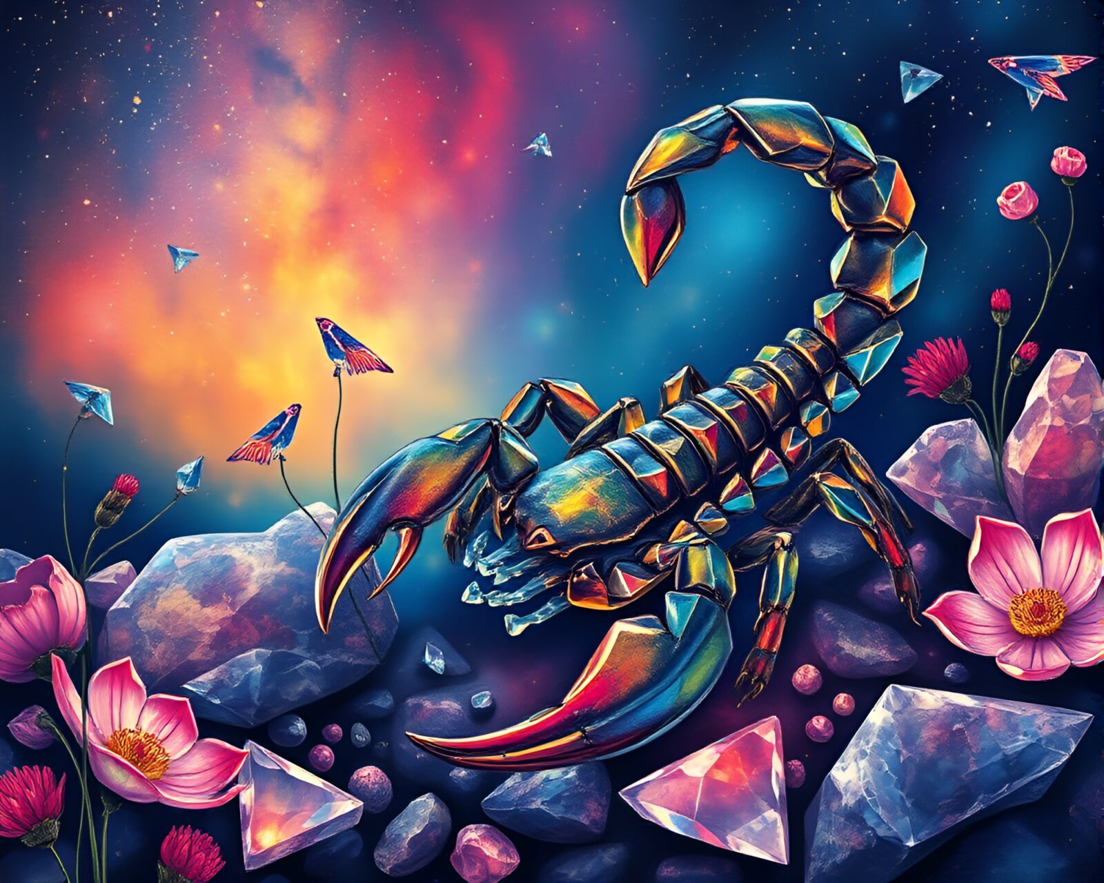 Colorful scorpion in botanical glass shards under aurora hues