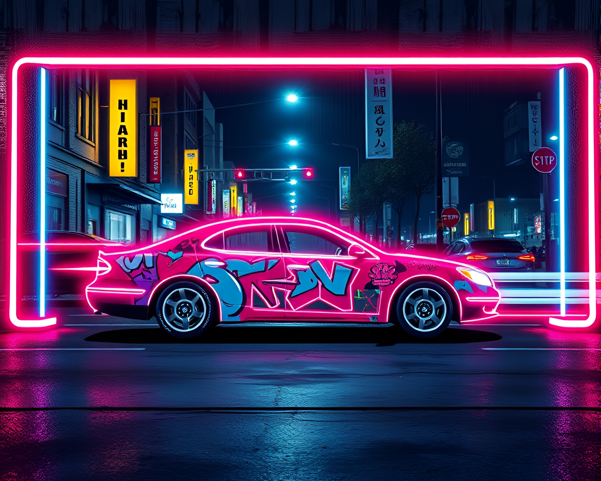 Futuristic Hover Car Alley with Trompe-l’oeil Graffiti – free AI stock image