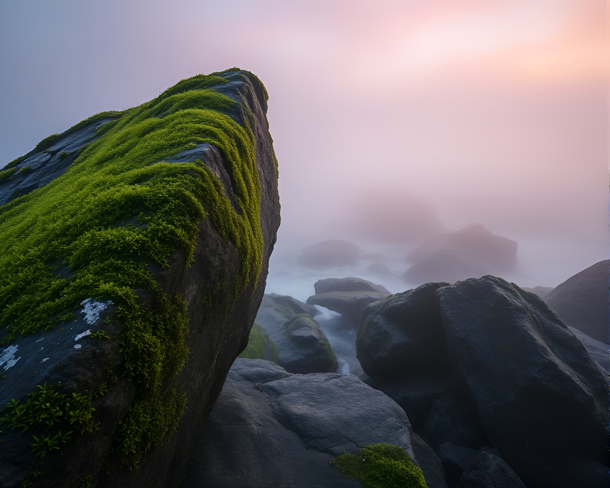Serene Moss-Covered Rock at Dawn in Motion Blur – free AI stock image