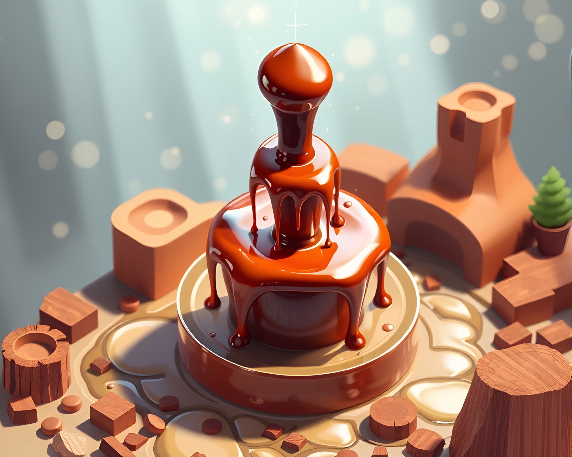 Chocolate Fountain in Isometric Wood Grain Composition – free AI stock image