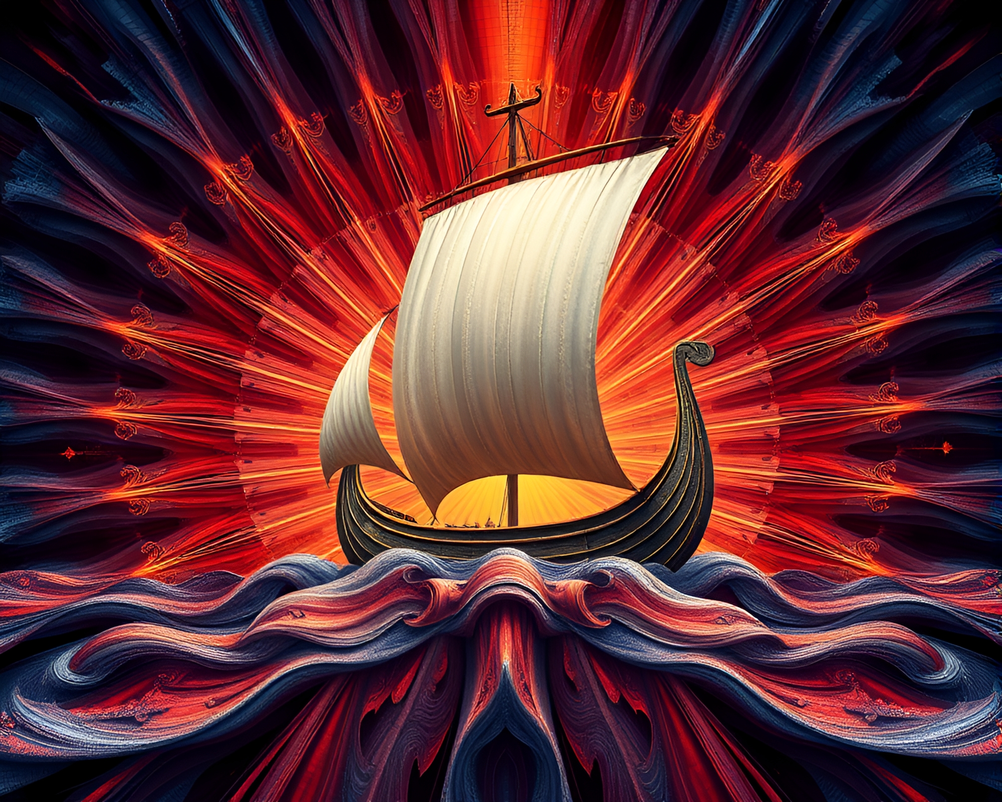 Viking Longship in Fractal Fabric Folds – free AI stock image