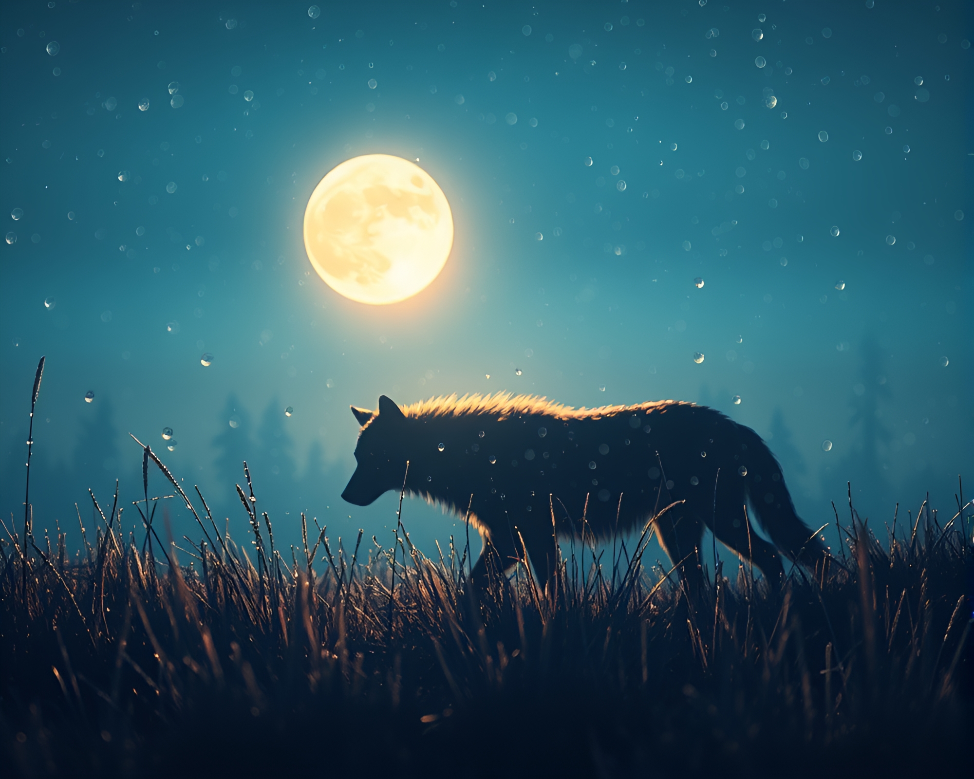 Moonlit Wolf with Dew Drops at Twilight Blue Hour – free AI stock image