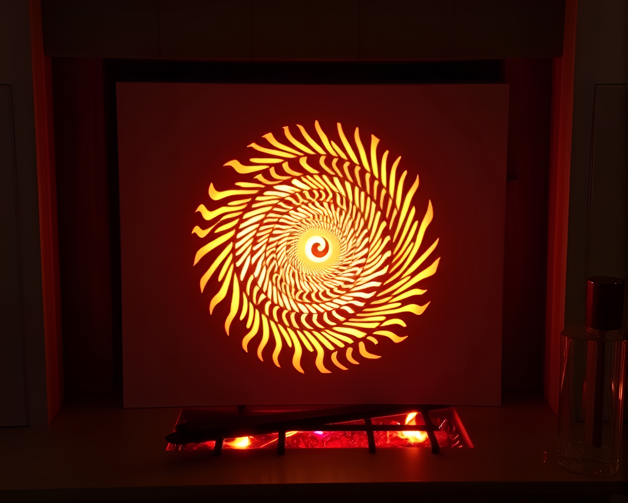 Fibonacci Spiral Holographic Fireplace Stencil Art – free AI stock image